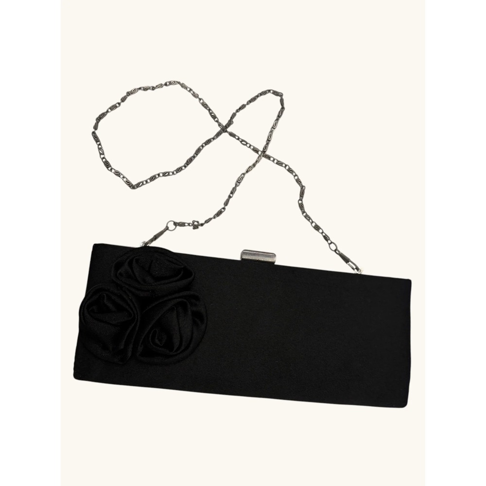 Lulu Townsend Black Satin Rosette Evening Clutch Bag Silver Chain Strap Floral